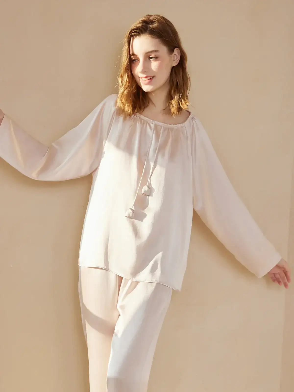 Flower bud drawstring long sleeve trousers suit - JANCESILK