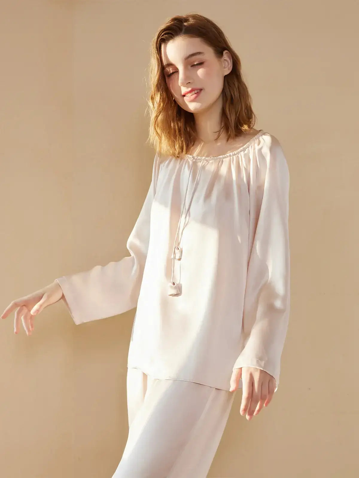 Flower bud drawstring long sleeve trousers suit - JANCESILK