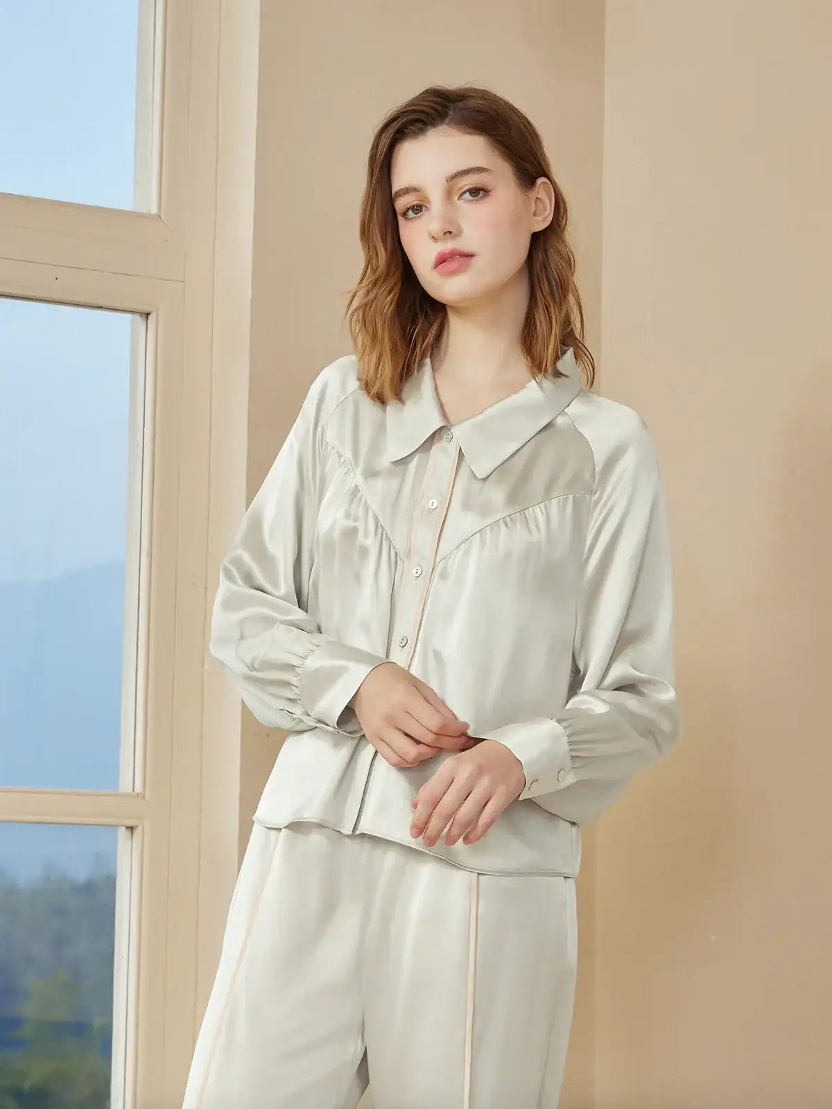 Curved Split Raglan Sleeve Long Sleeve Trousers Set - JANCESILK