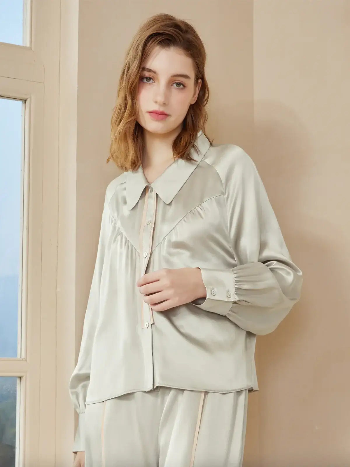 Curved Split Raglan Sleeve Long Sleeve Trousers Set - JANCESILK