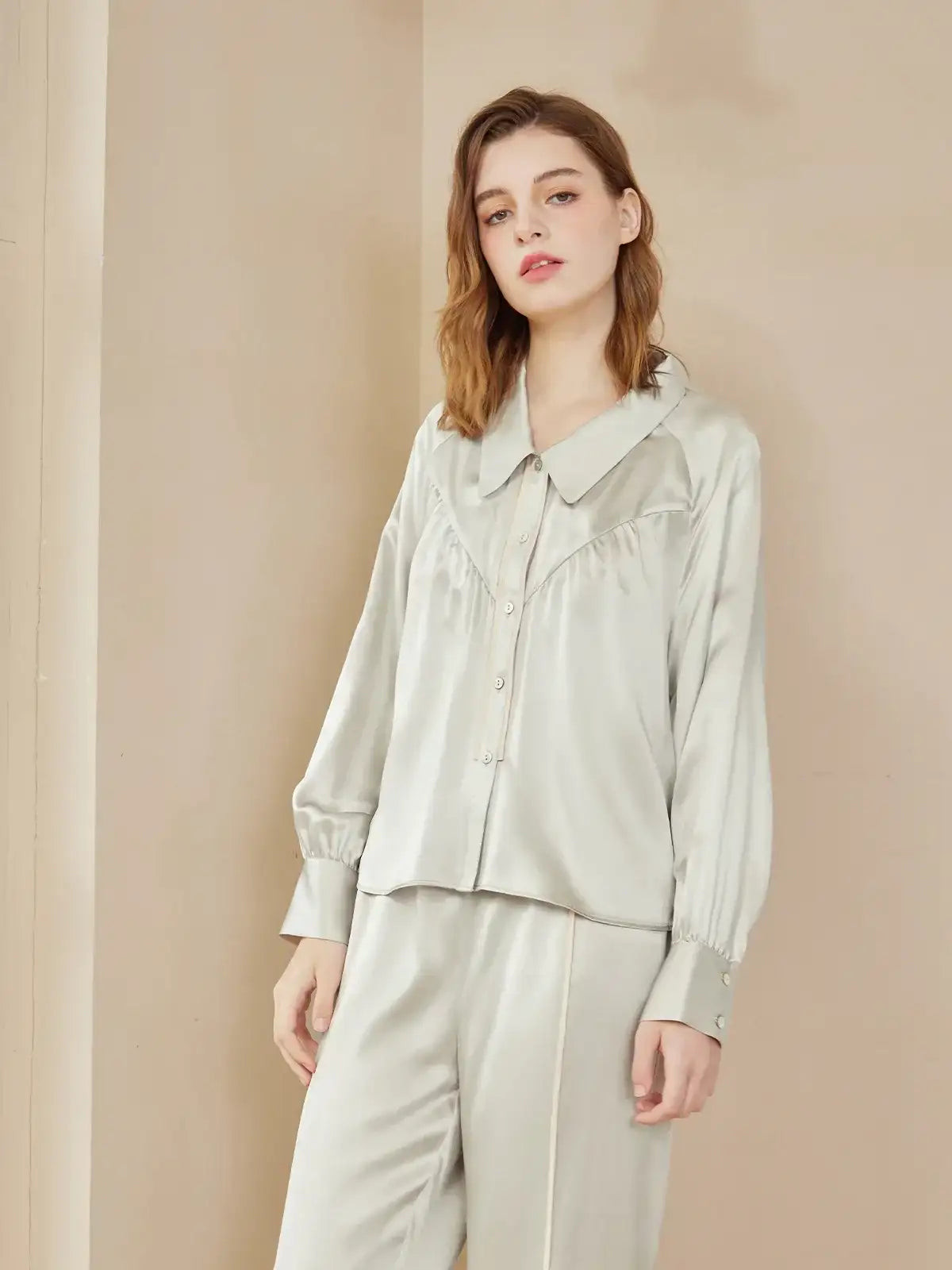Curved Split Raglan Sleeve Long Sleeve Trousers Set - JANCESILK