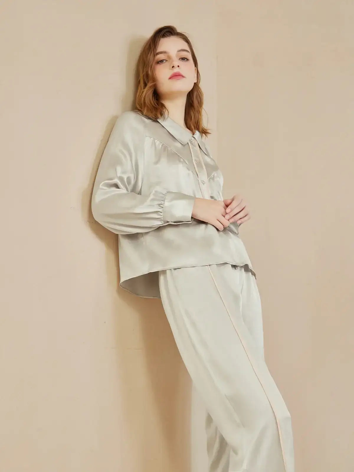 Curved Split Raglan Sleeve Long Sleeve Trousers Set - JANCESILK