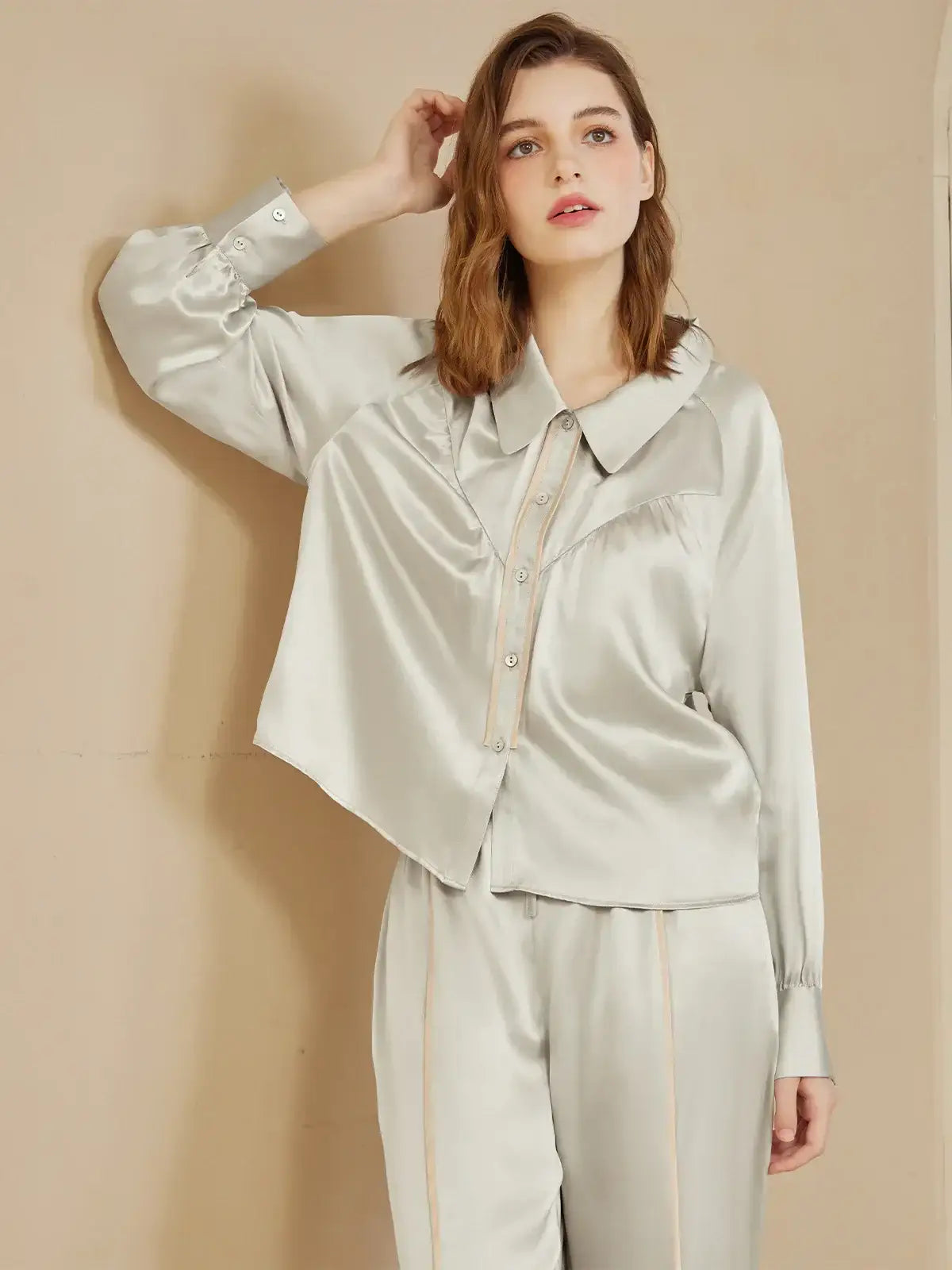 Curved Split Raglan Sleeve Long Sleeve Trousers Set - JANCESILK