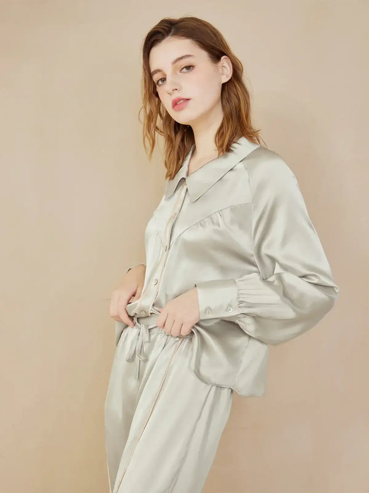 Curved Split Raglan Sleeve Long Sleeve Trousers Set - JANCESILK
