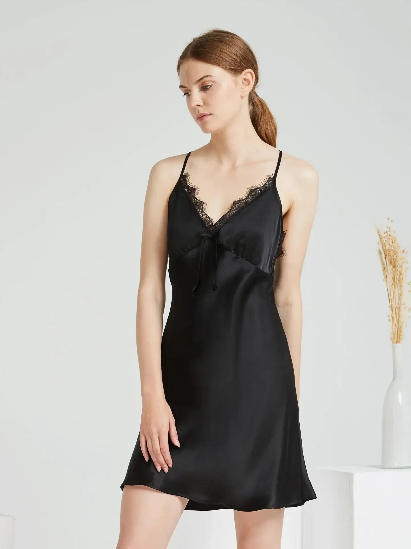 Bow Lace Suspender Dress#color_Black