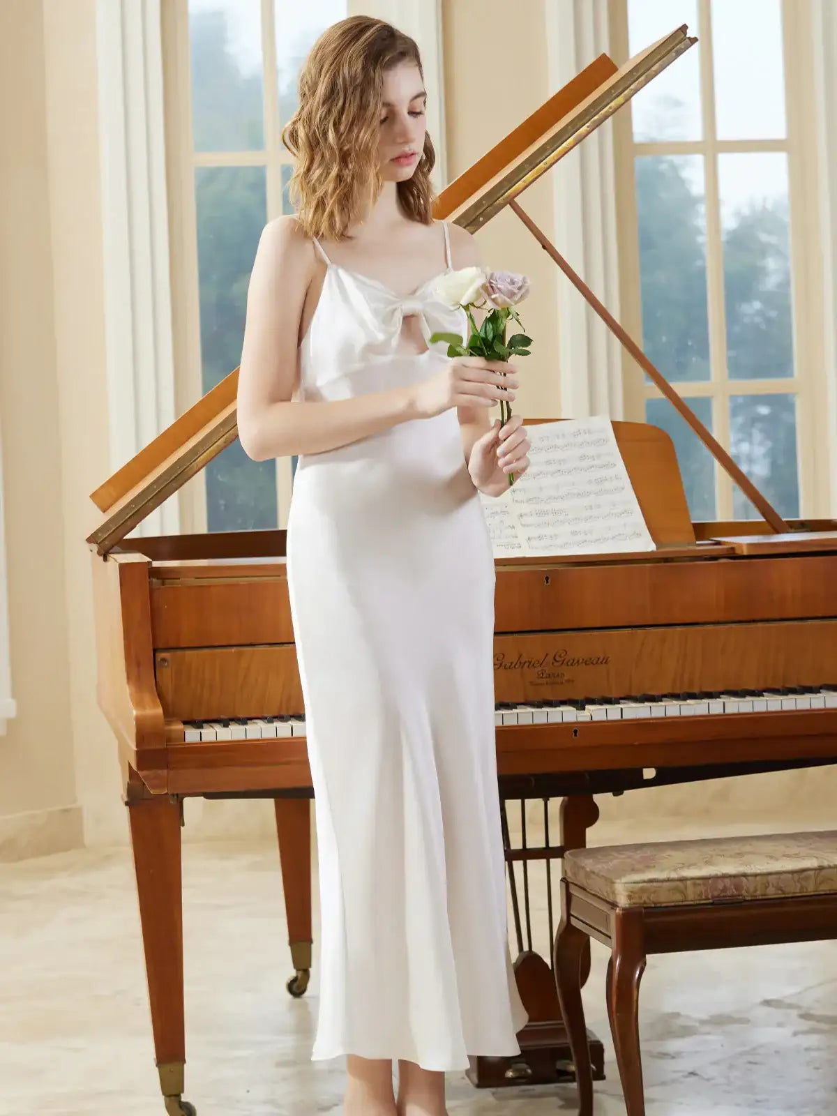 Simple Bow-Knot Spaghetti Strap Long Dress - JANCESILK
