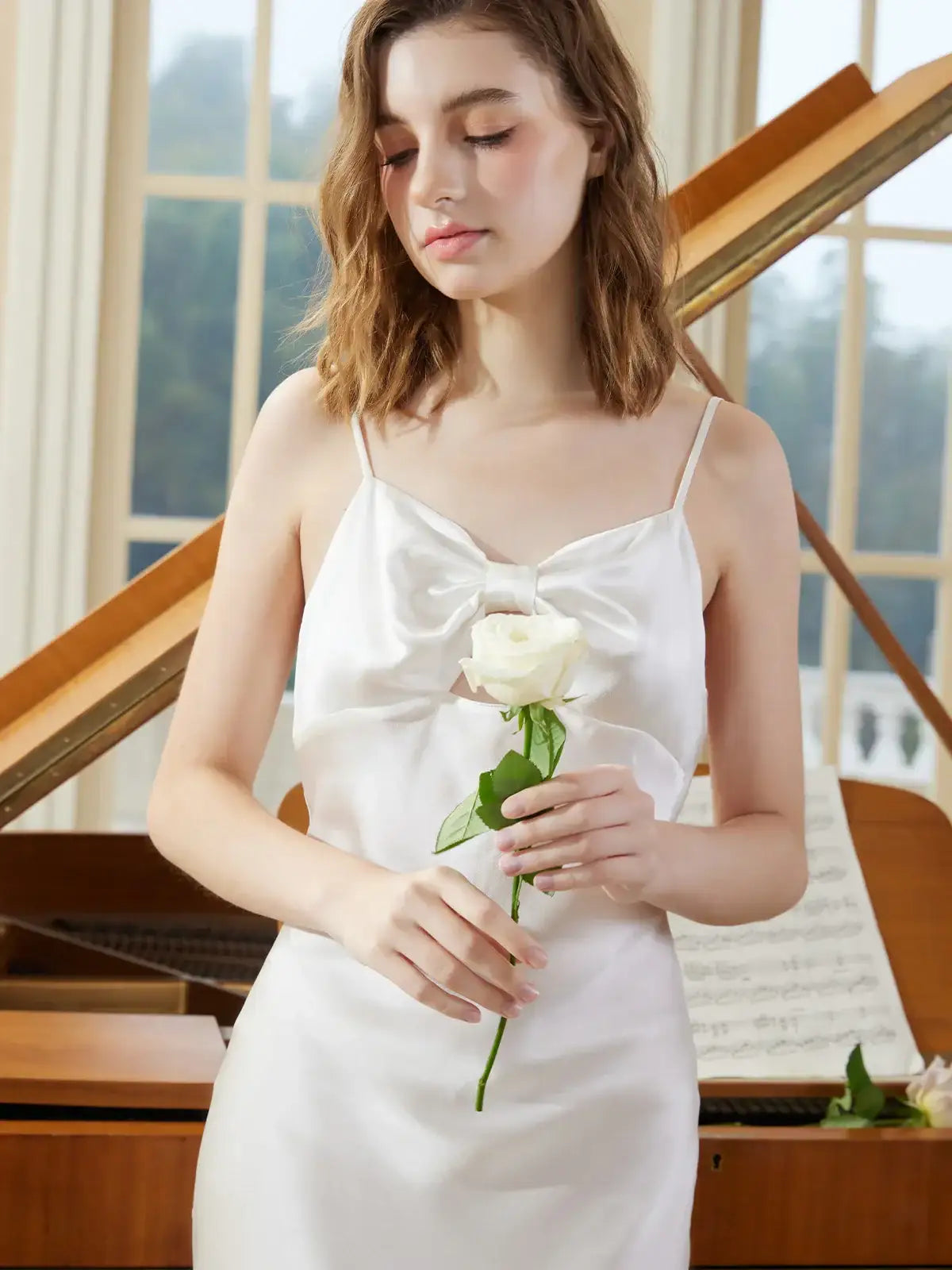 Simple Bow-Knot Spaghetti Strap Long Dress - JANCESILK