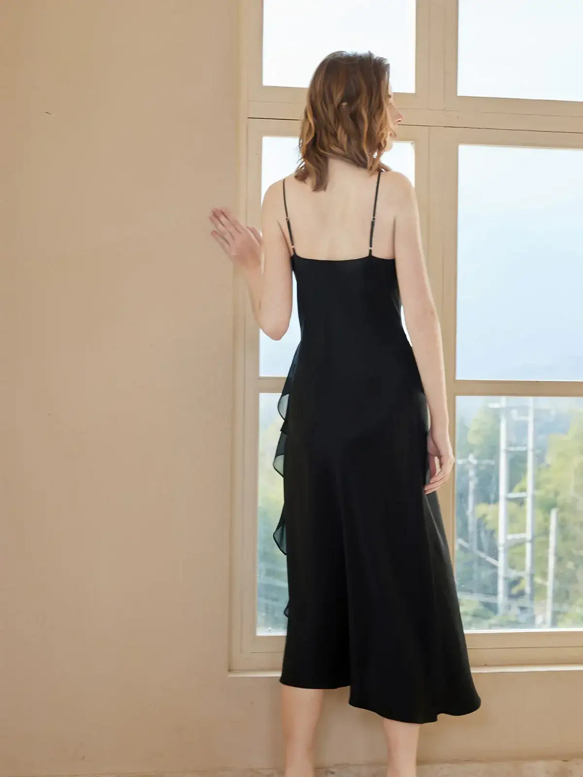 Elegant lace-trimmed spaghetti strap long dress - #color_Black