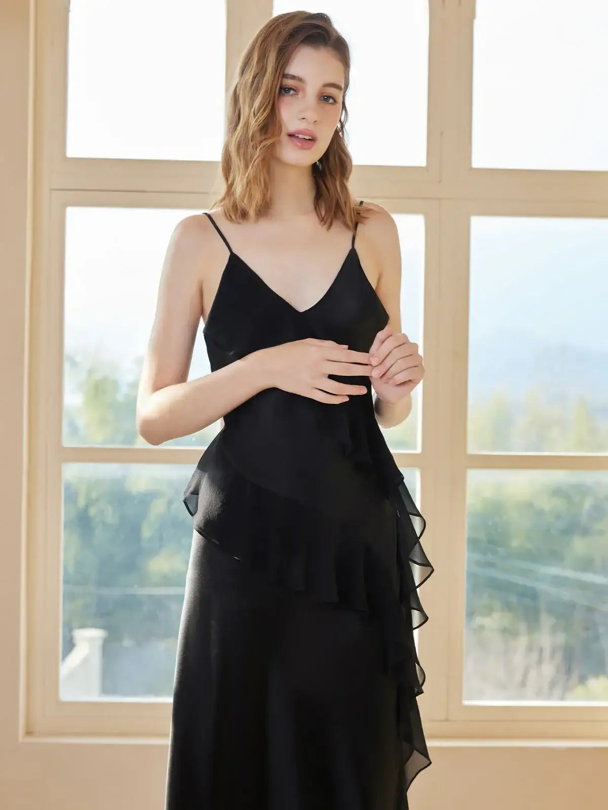 Elegant lace-trimmed spaghetti strap long dress - JANCESILK
