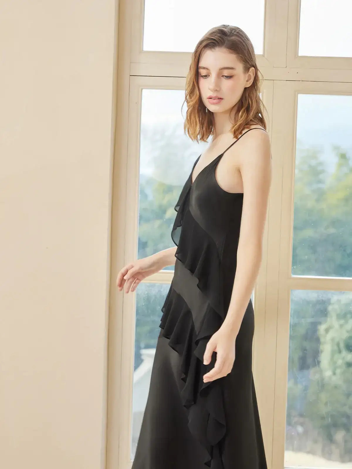 Elegant lace-trimmed spaghetti strap long dress - JANCESILK