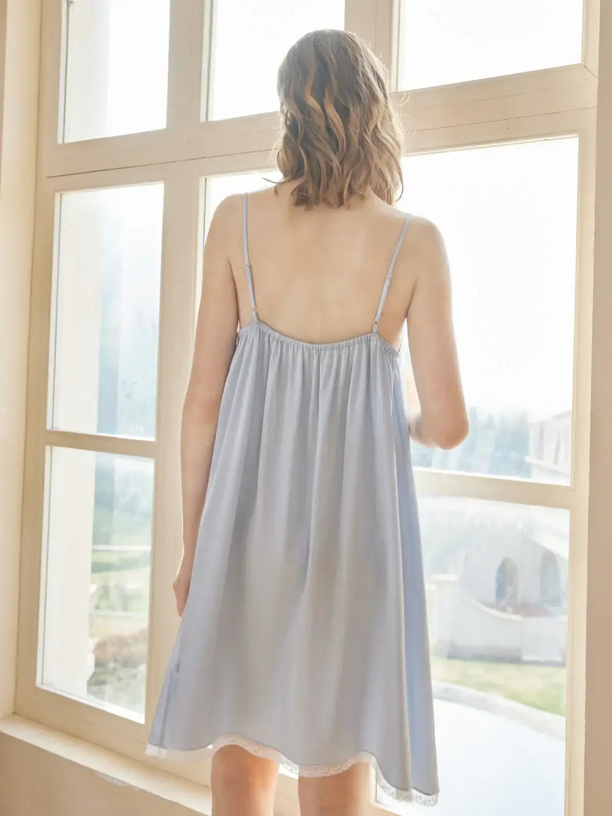 Lace splicing flowing camisole dress #color_Baby Blue