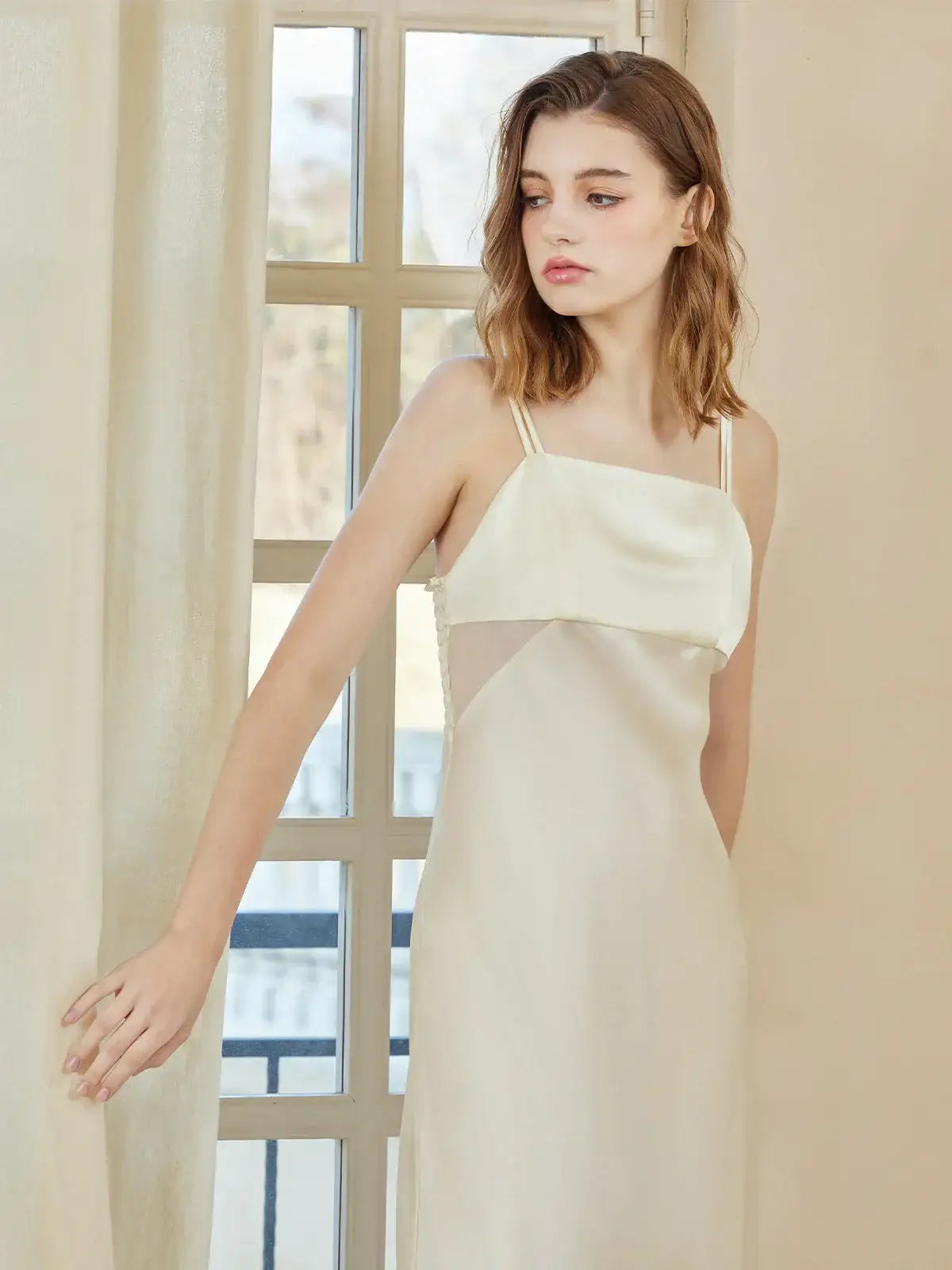 Elegant slim-fitting suspender dress with double straps - JANCESILK