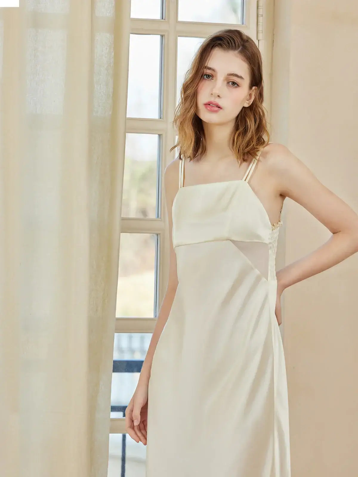 Elegant slim-fitting suspender dress with double straps - JANCESILK