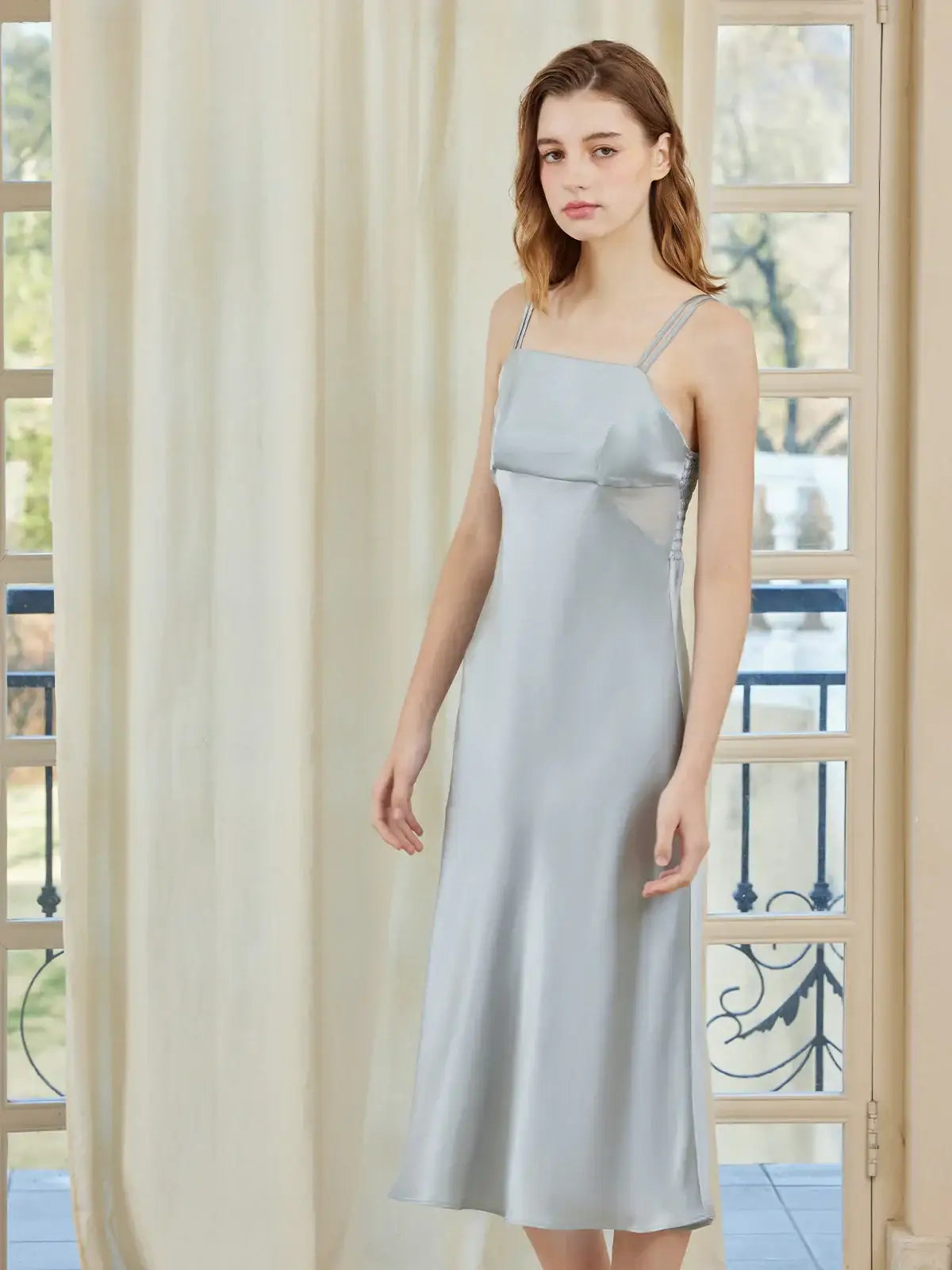 Elegant slim-fitting suspender dress with double straps - JANCESILK