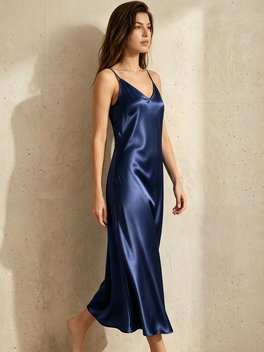 Silk Casual Suspender Dress#color_Navy