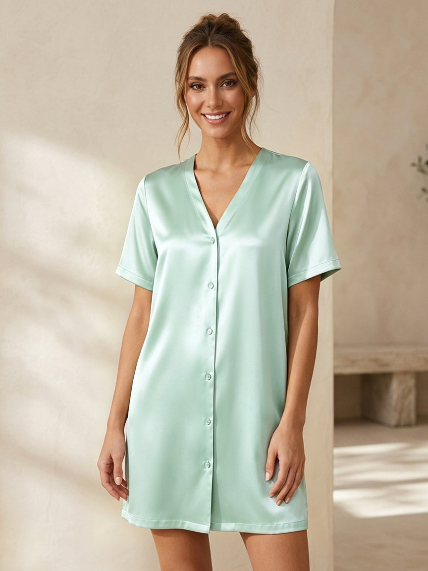 Large V collarless short sleeve dress #color_Mint Green