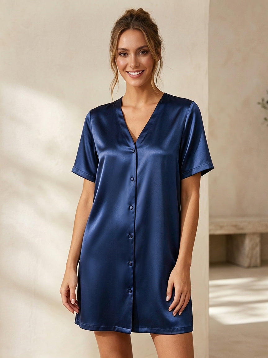 Large V collarless short sleeve dress #color_Navy