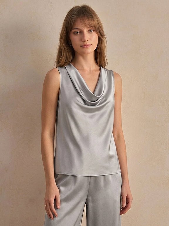 Sleeveless Cowl-Neck Stretch Silk Camisole#color_Silver Gray