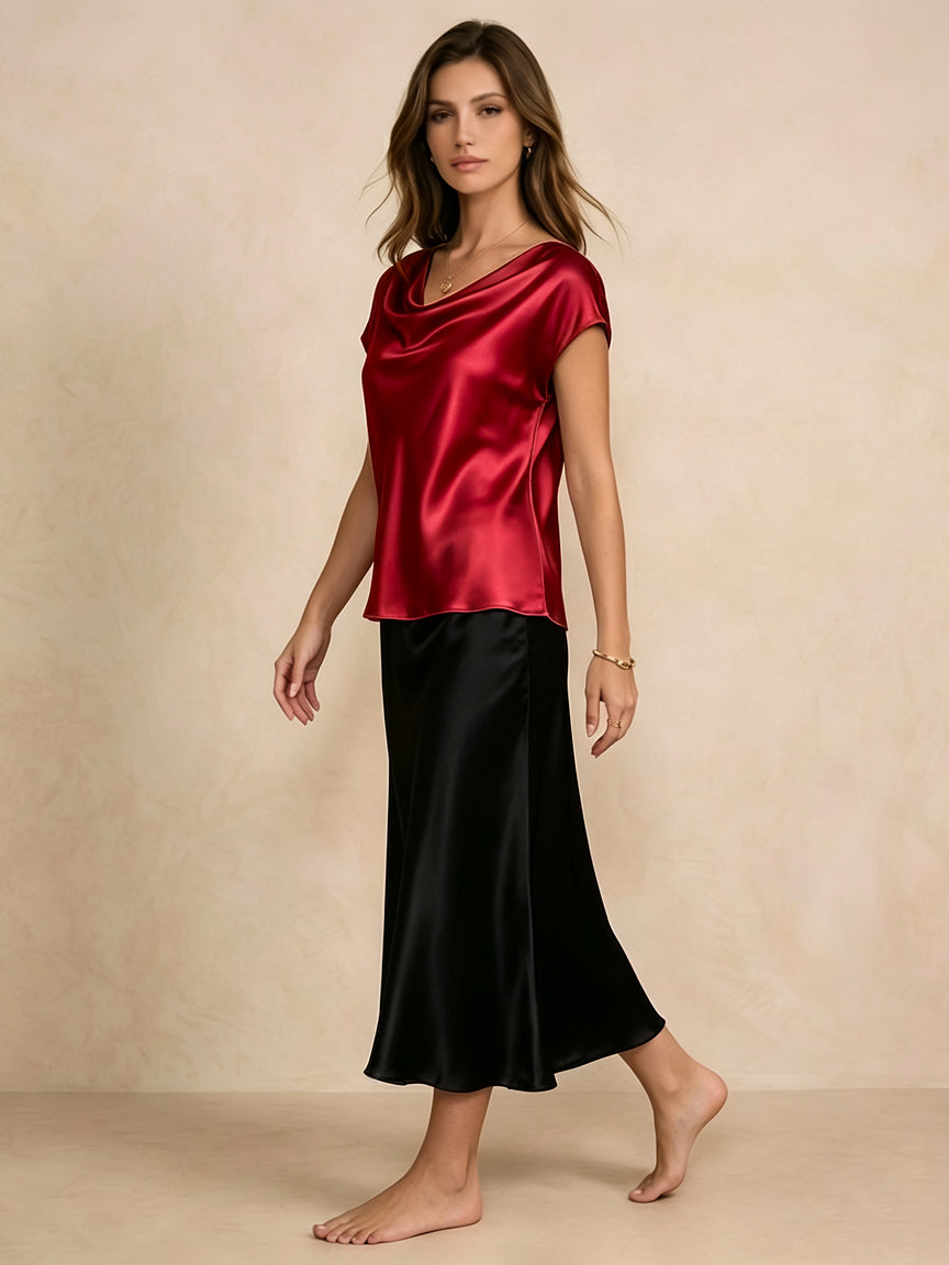 Silk Cowl Neck Cap-Sleeve Top#color_Red