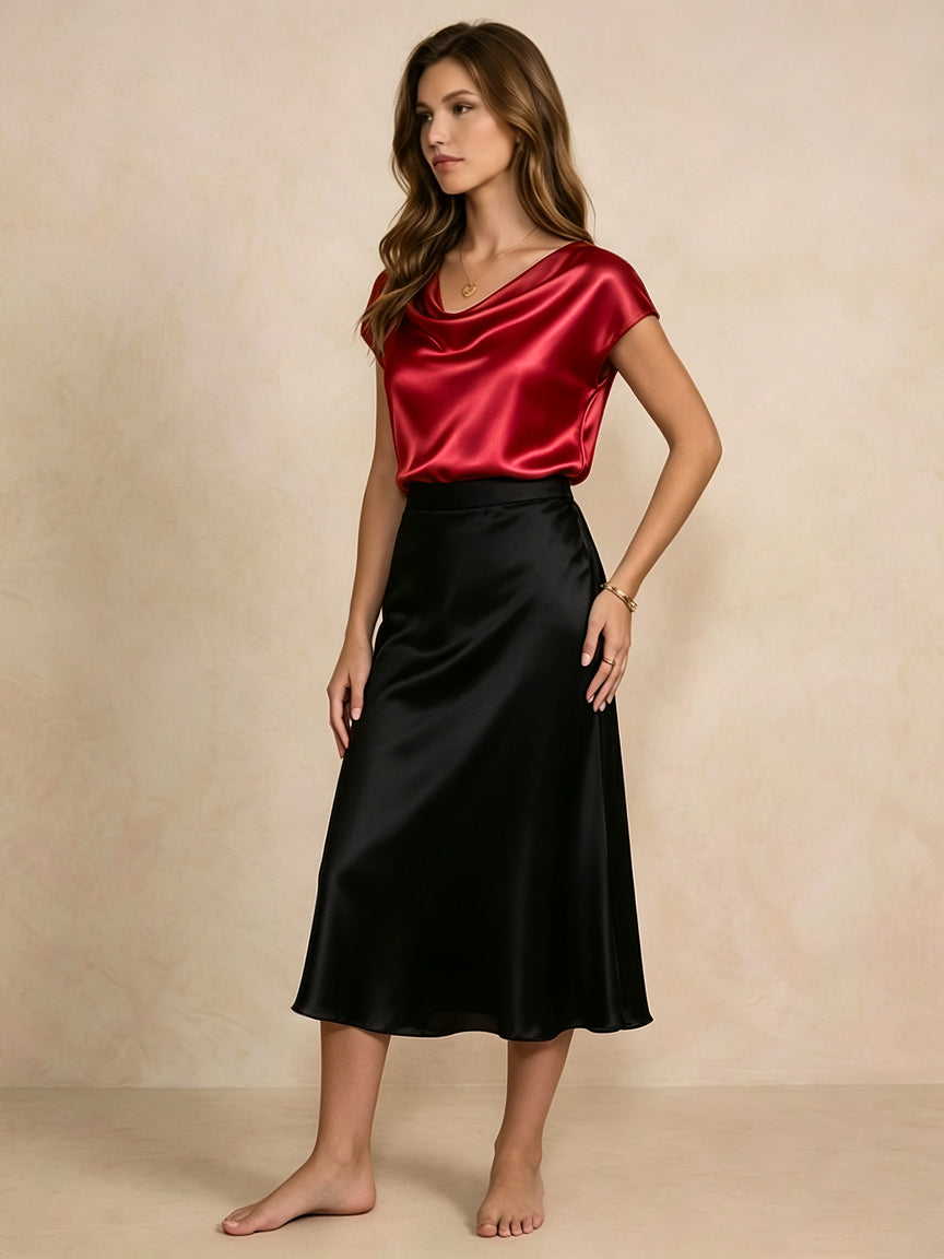 Silk Cowl Neck Cap-Sleeve Top#color_Red
