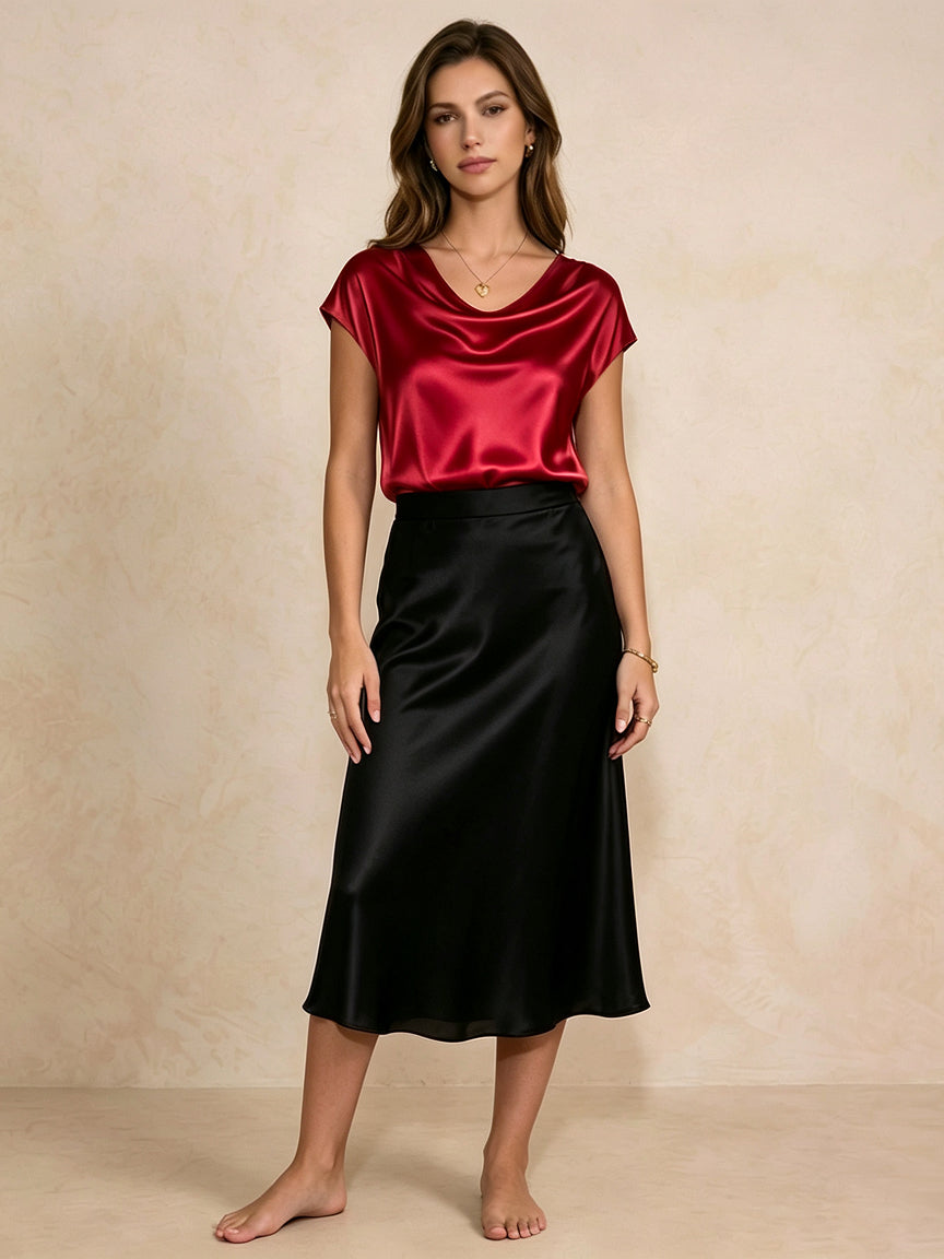 Silk Cowl Neck Cap-Sleeve Top#color_Red