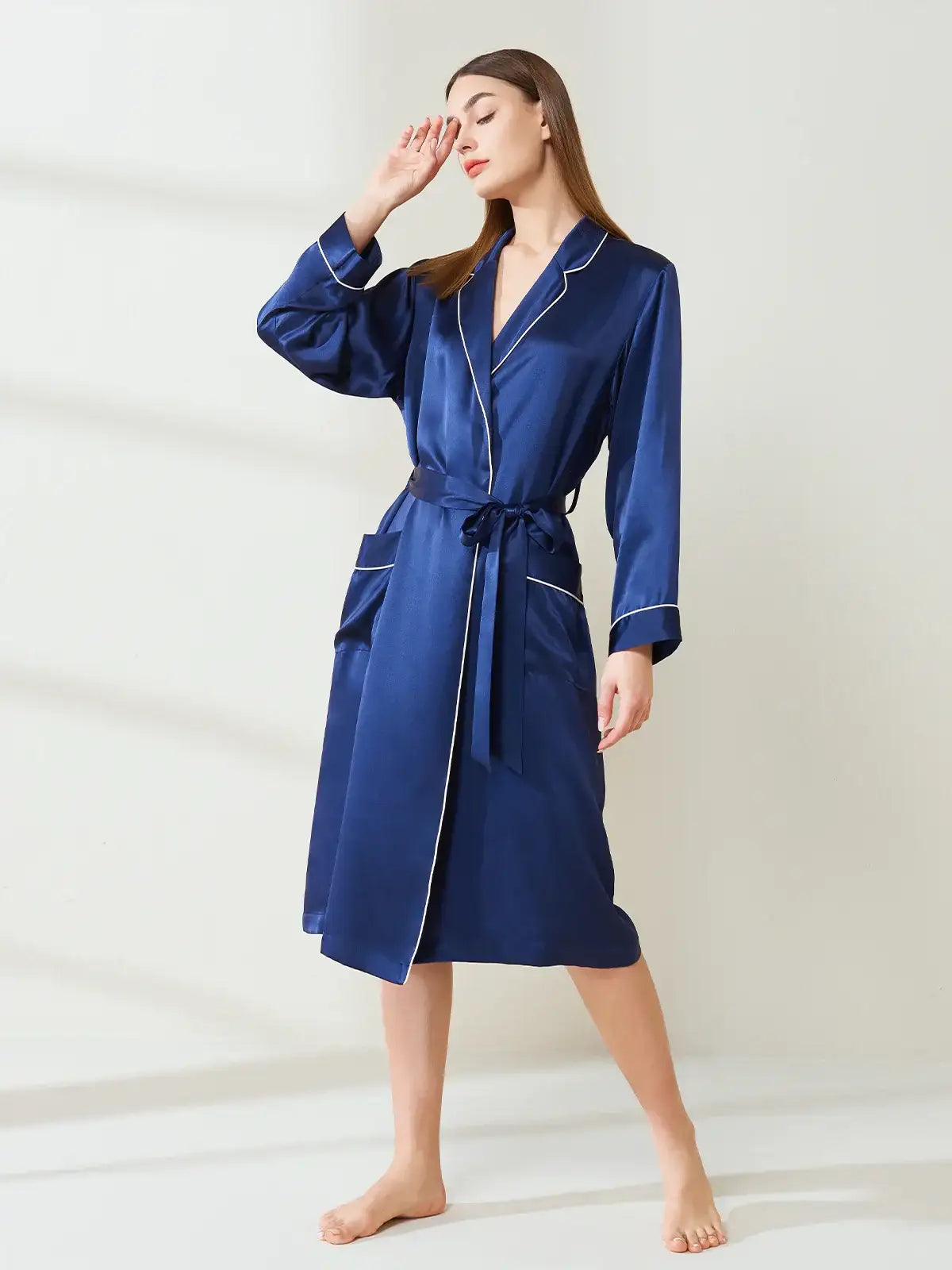 Silk Contrast Trim Long Robe - JANCESILK