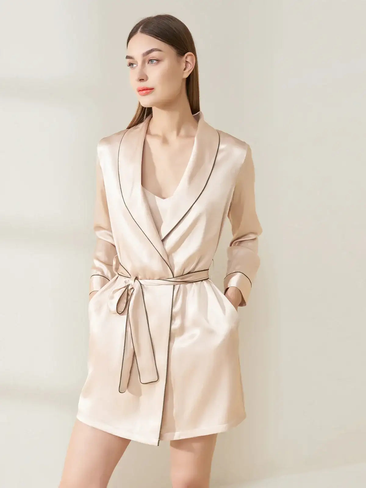 Shawl Collar Nightgown Suspenders Set 2PCS - JANCESILK