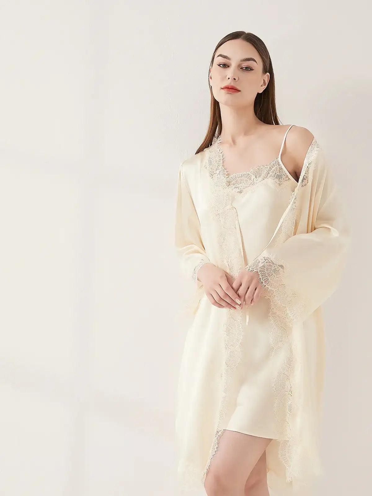 Romantic Lace Suspender Nightgown Set 2PCS - JANCESILK