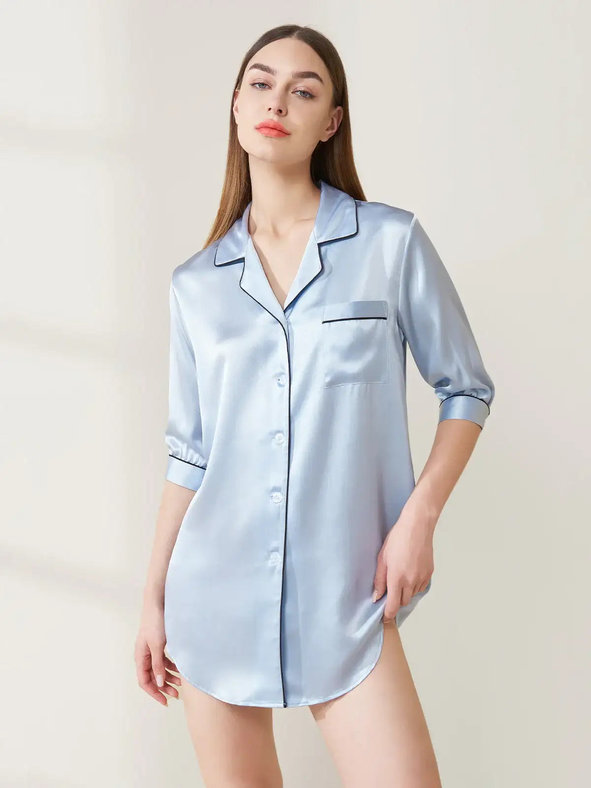 Shirt Collar Silk Nightdress - JANCESILK