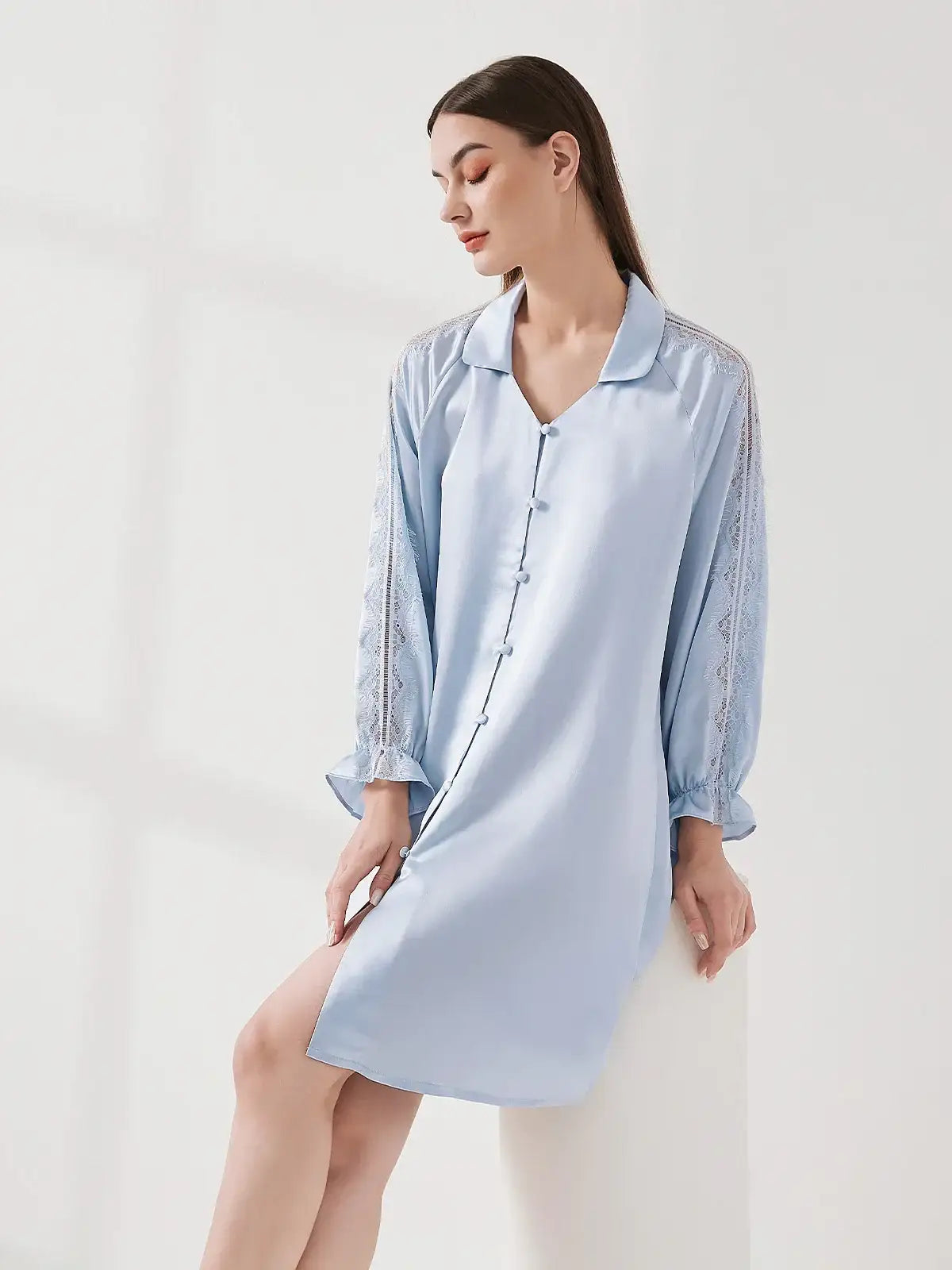 Lace Panel Raglan Sleeve Nightdress - JANCESILK