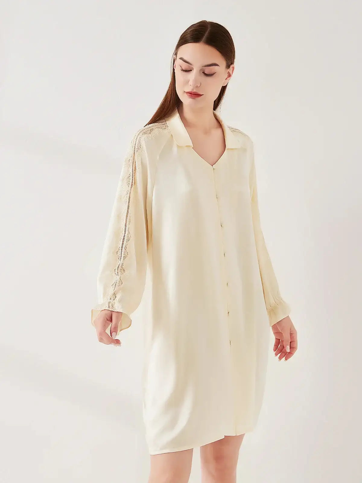 Lace Panel Raglan Sleeve Nightdress - JANCESILK