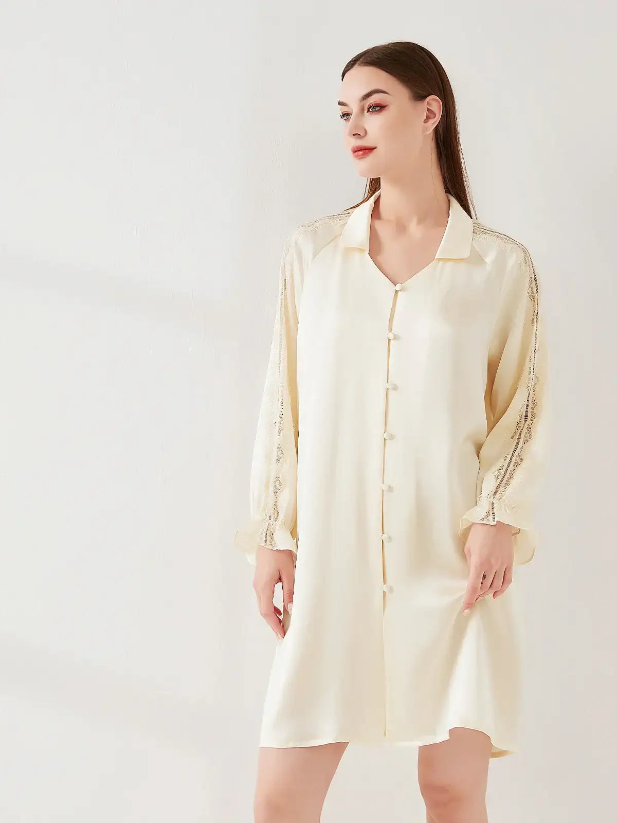 Lace Panel Raglan Sleeve Nightdress - JANCESILK