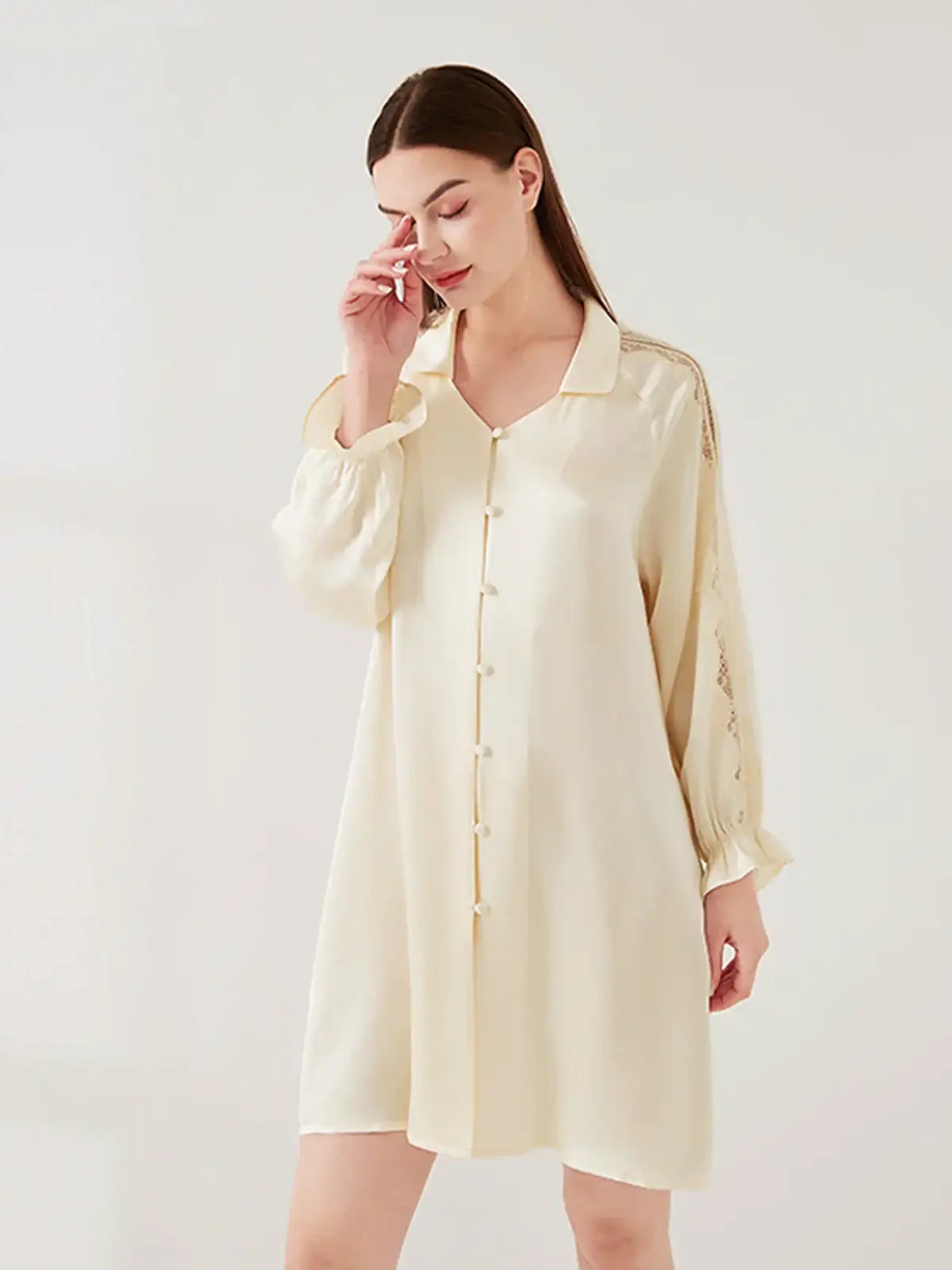 Lace Panel Raglan Sleeve Nightdress - JANCESILK