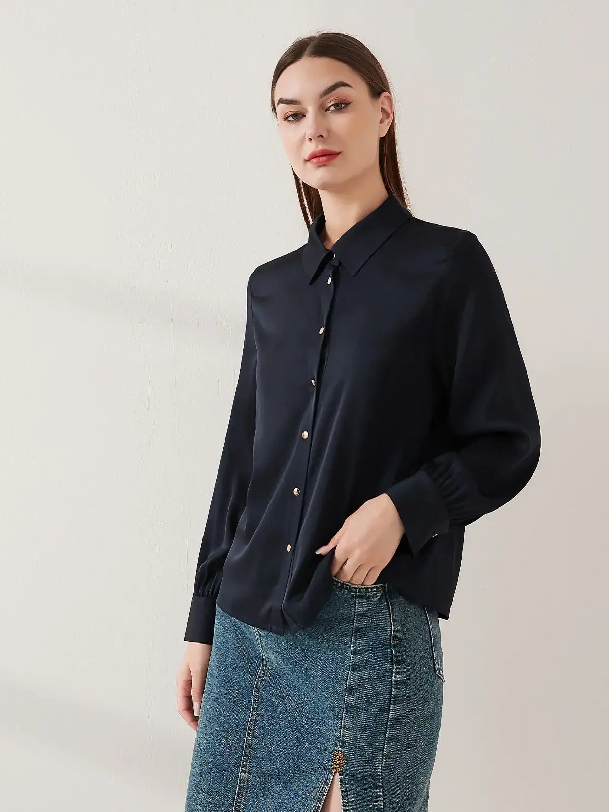 Stretch silk double joe shirt#color_Navy