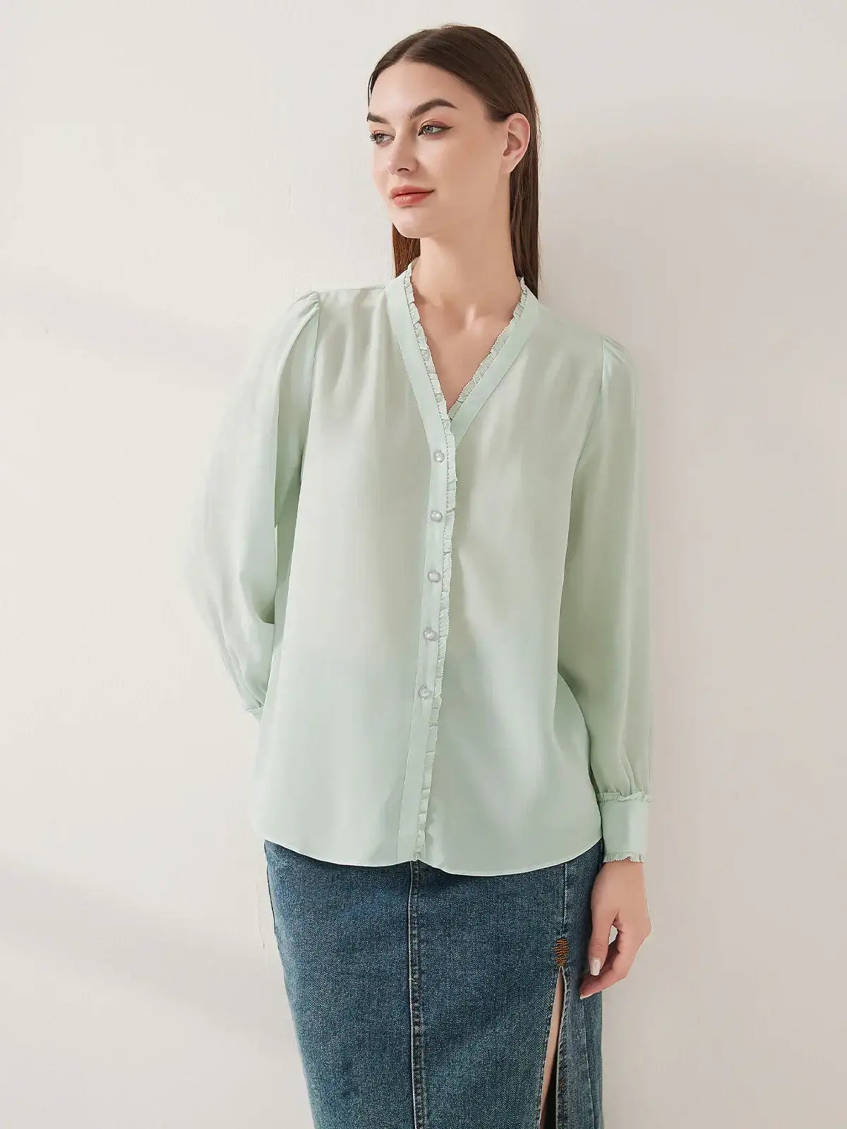 Lace-trimmed crepe de chine silk shirt #color_Mint Green