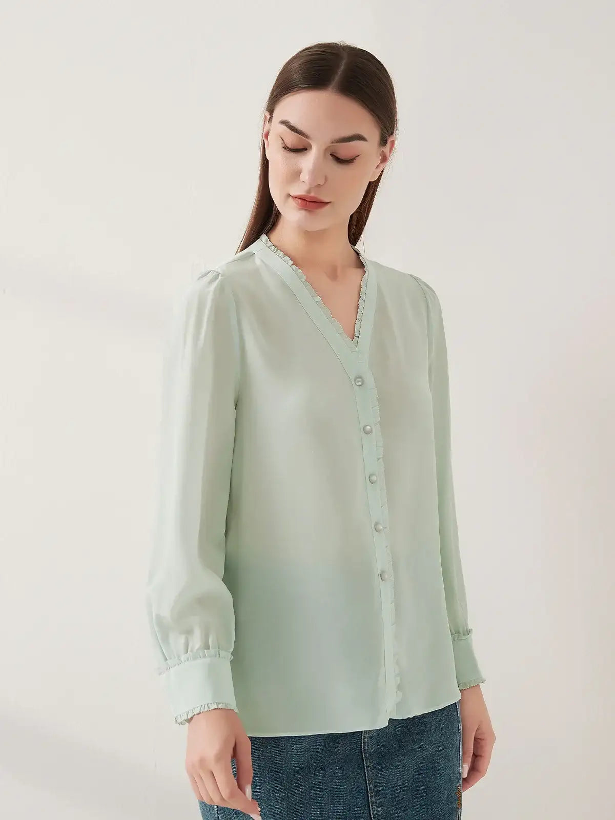 Lace-trimmed crepe de chine silk shirt #color_Mint Green