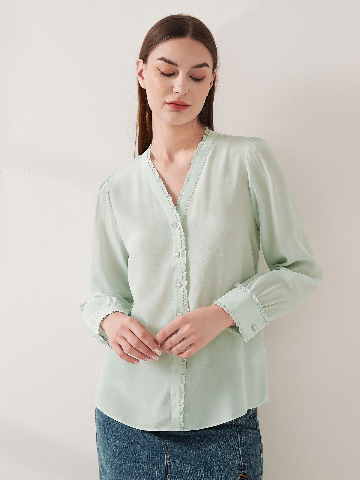 Lace-trimmed crepe de chine silk shirt