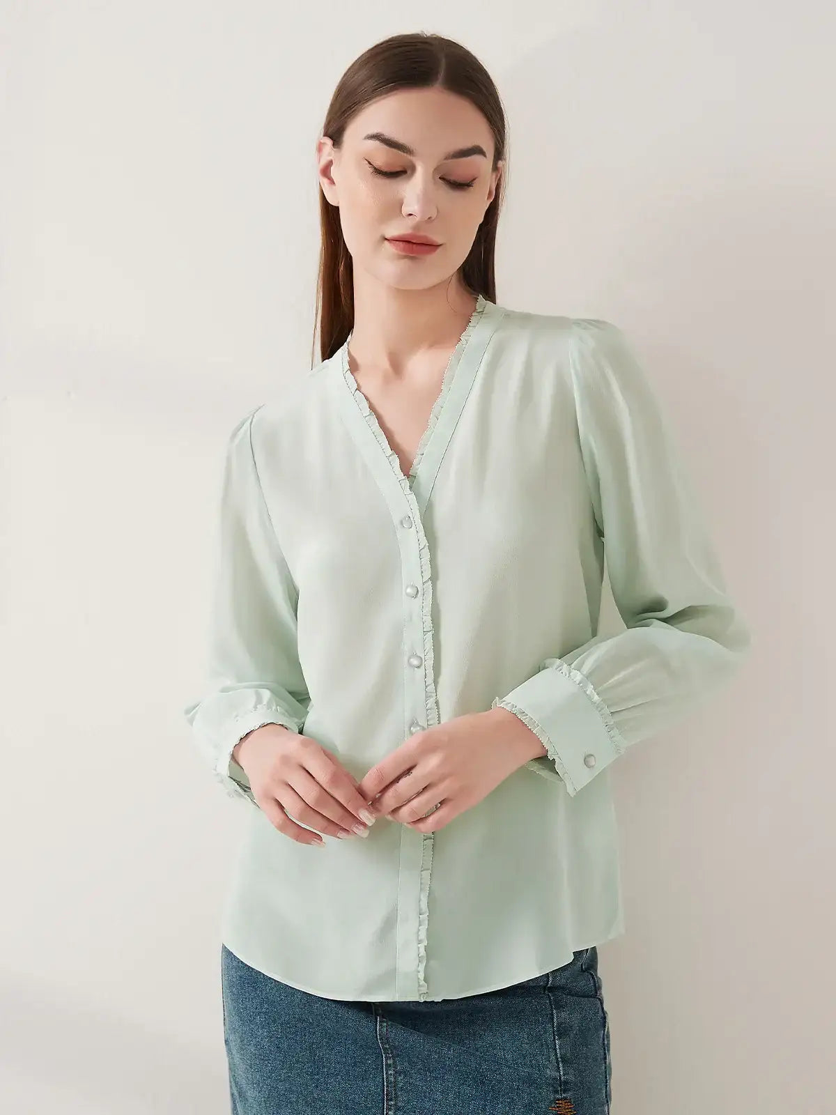 Lace-trimmed crepe de chine silk shirt #color_Mint Green