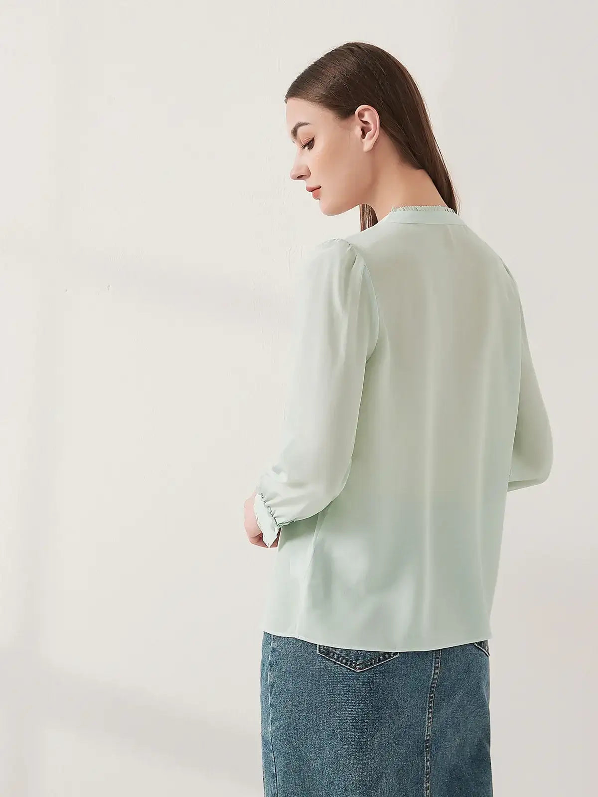 Lace-trimmed crepe de chine silk shirt #color_Mint Green
