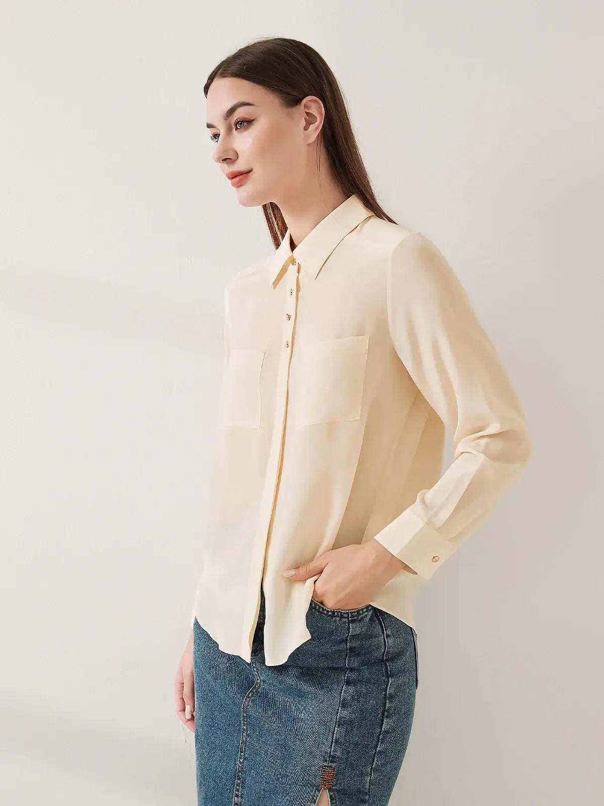 Simple silk crepe de chine shirt with concealed buttons - JANCESILK