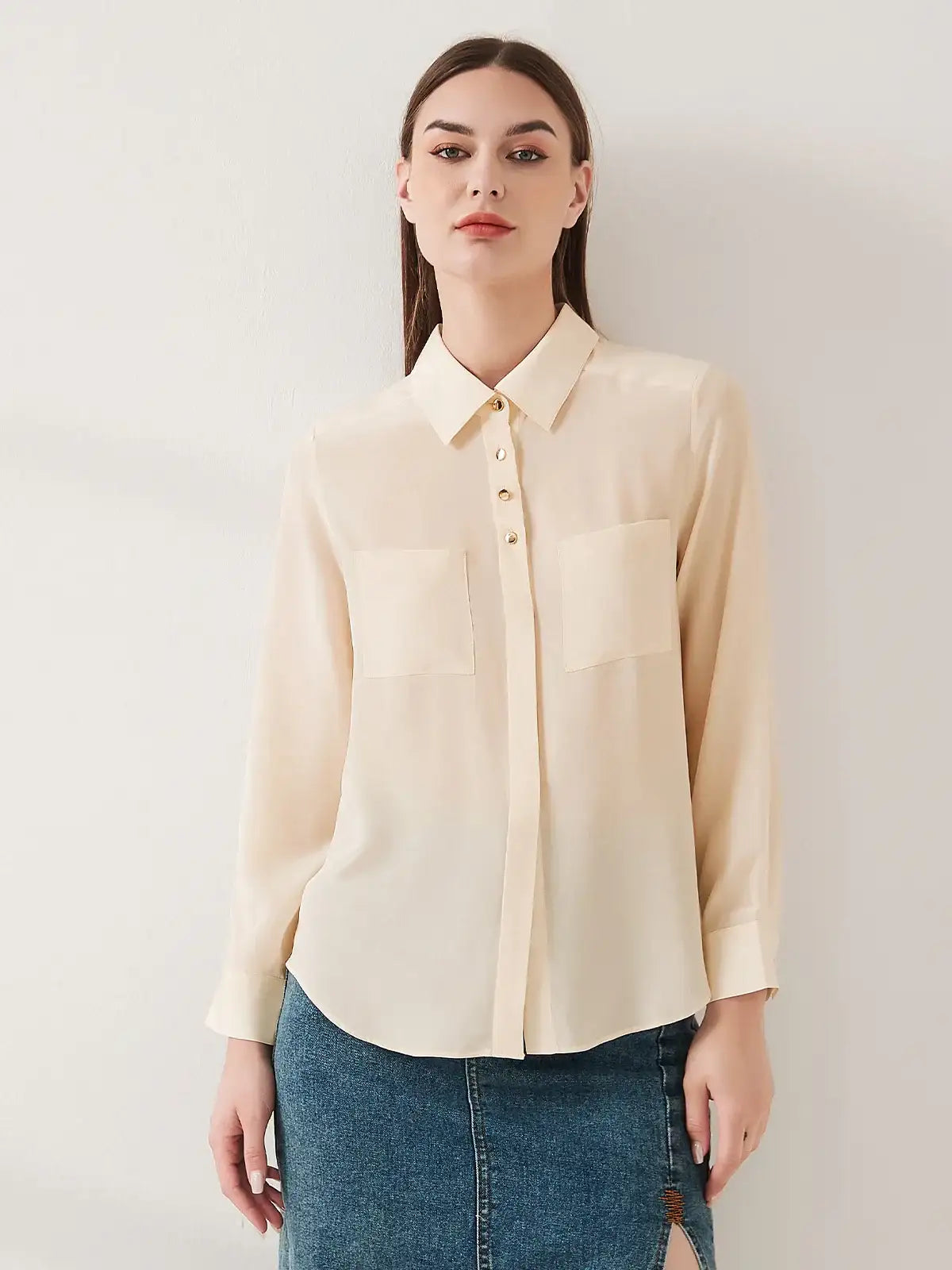 Simple silk crepe de chine shirt with concealed buttons - JANCESILK