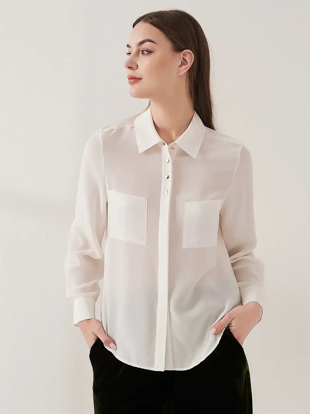 Simple silk crepe de chine shirt with concealed buttons - JANCESILK