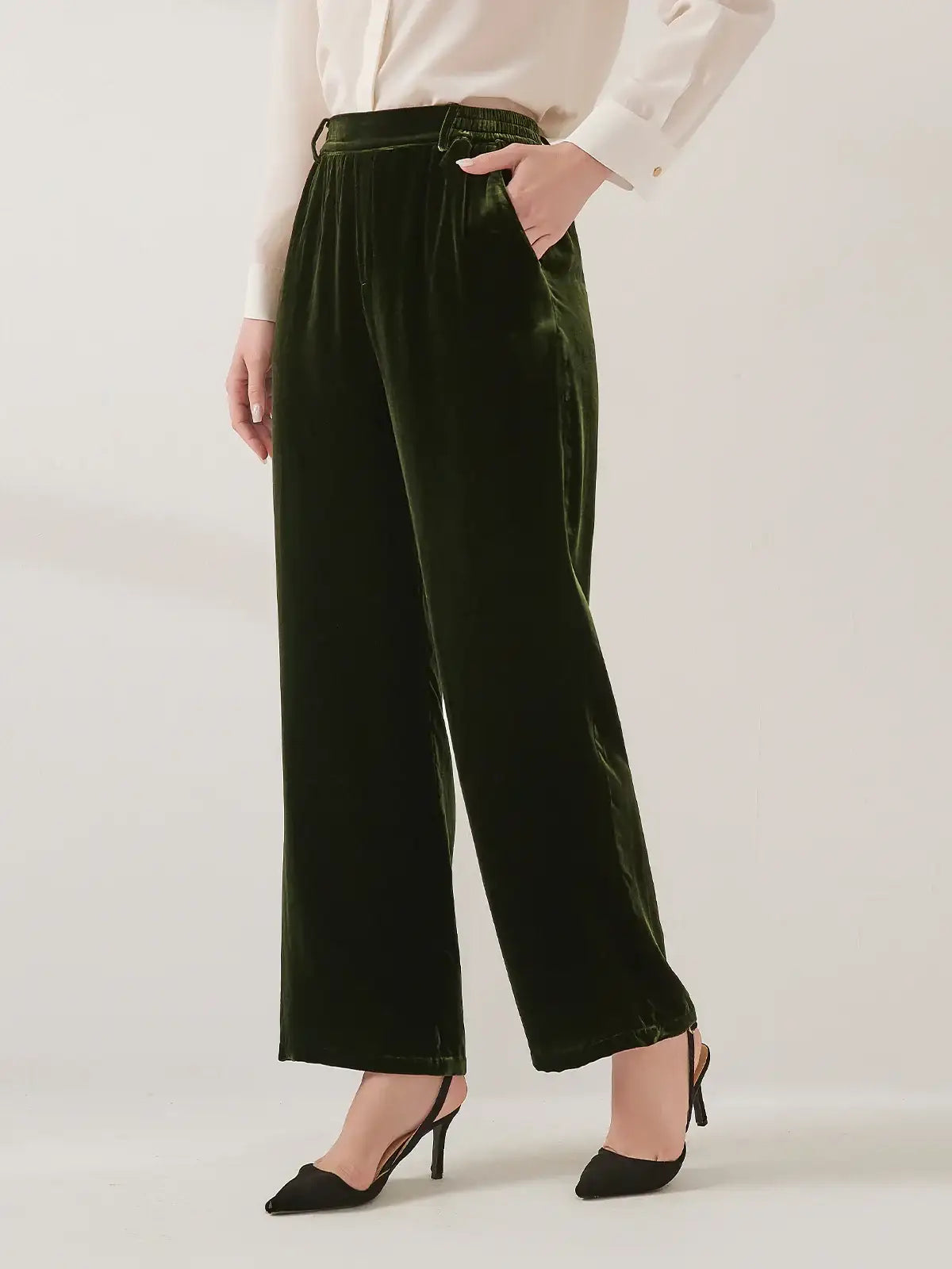 Silk Velvet Trousers#color_Dark Green