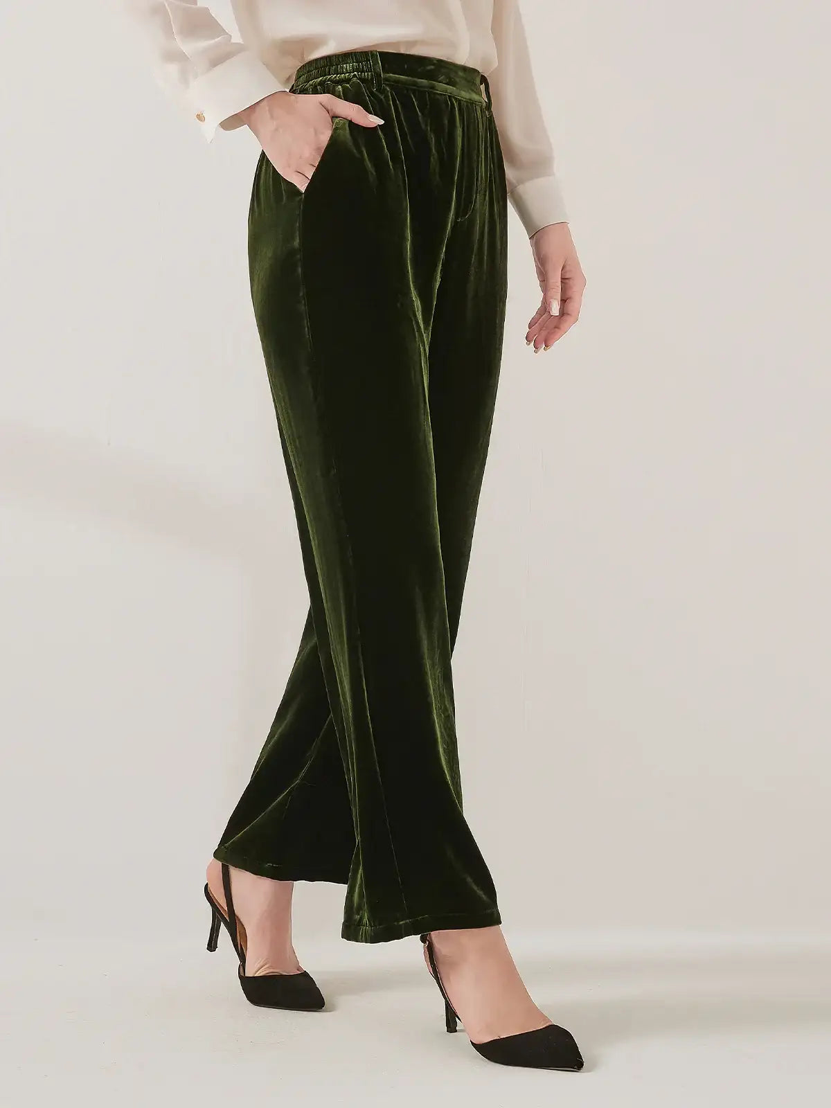 Silk Velvet Trousers#color_Dark Green