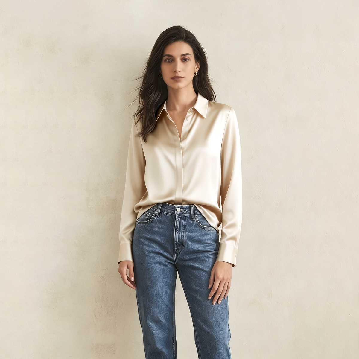 Versatile Elegance Stretch Silk Blouse#color Champagne