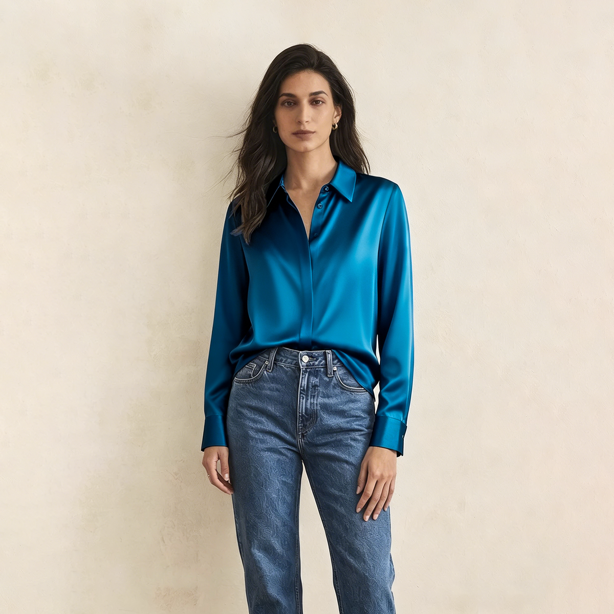 Versatile Elegance Stretch Silk Blouse#color Peacock Blue
