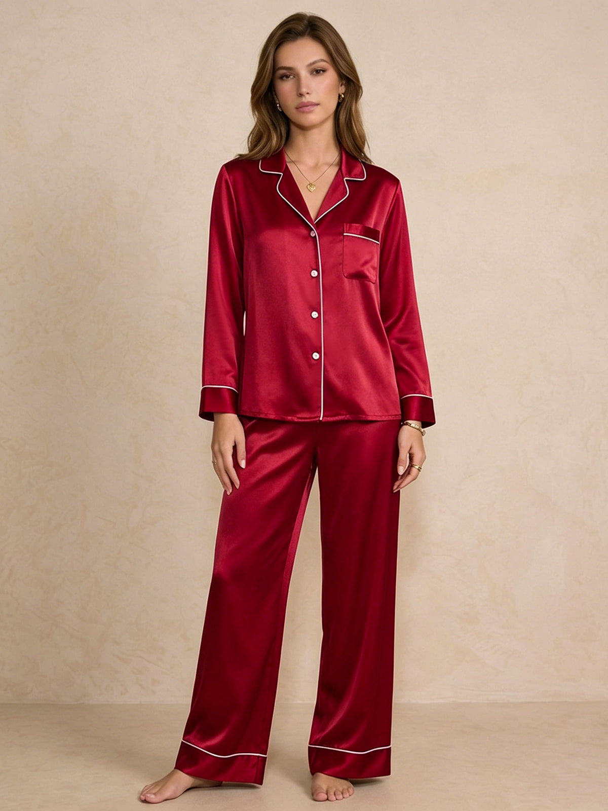 Classic Silk Long Sleeve Long Pants Pajama Set#color_Red
