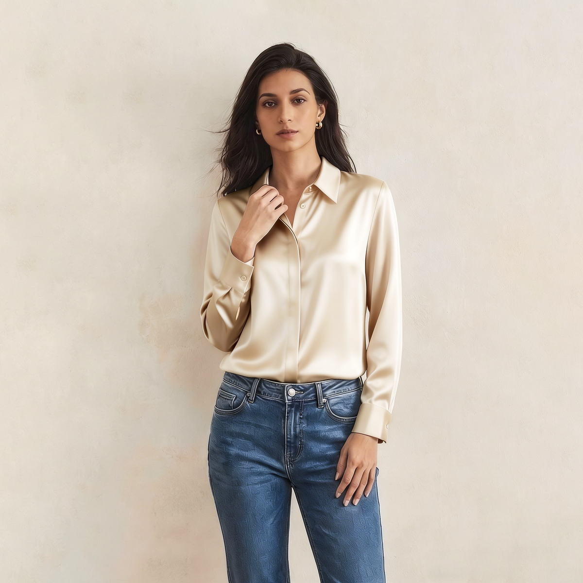 Versatile Elegance Stretch Silk Blouse#color Champagne