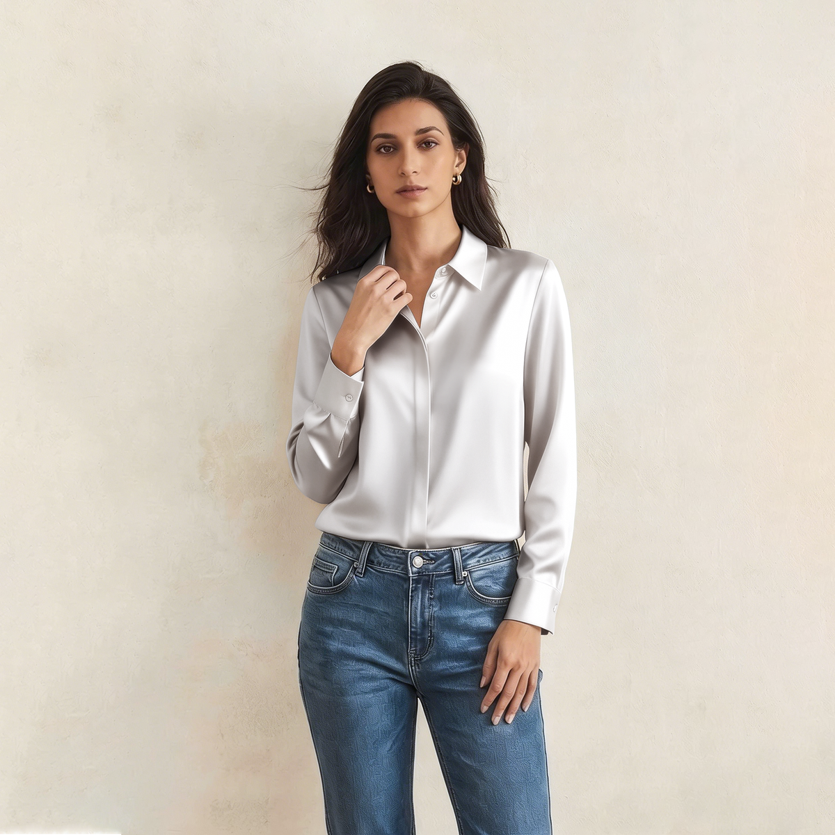 Versatile Elegance Stretch Silk Blouse#color Light Grey