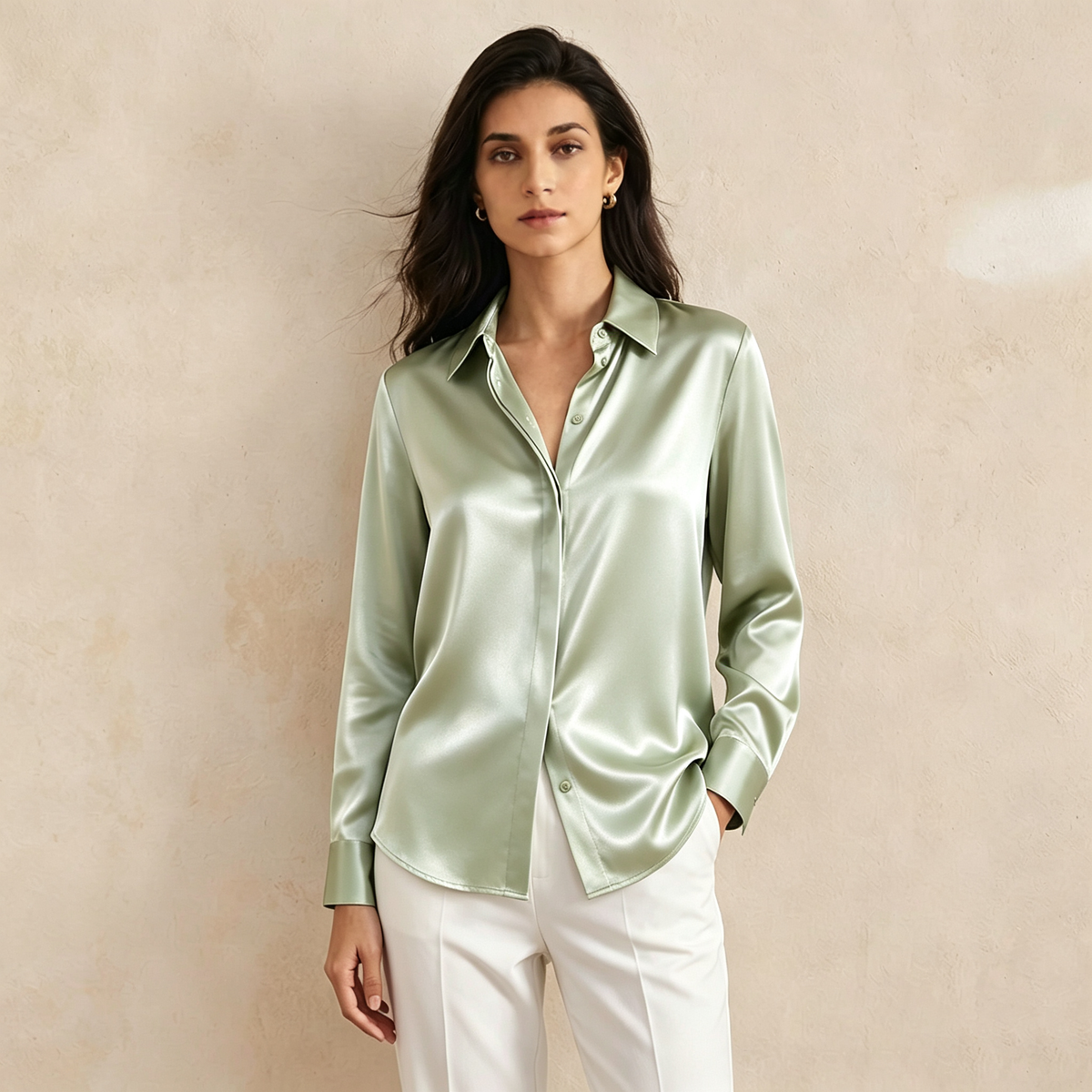 Versatile Elegance Stretch Silk Blouse#color Sage Green